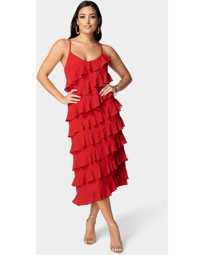 Bebe Ruffle Side Slit Maxi Dress - Red