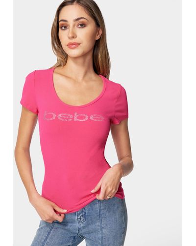 Bebe Logo Short Sleeve Round Neck Rib Top - Pink