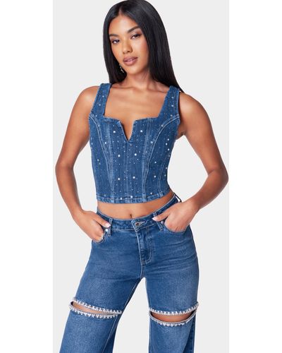 Bebe Rhinestone Detail Denim Bustier - Blue