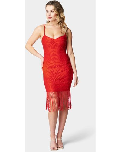 Bebe Fringe Hem Lace Dress - Red