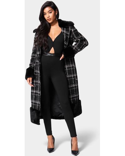 Bebe Wool Blended Fur Trim Double Breasted Coat - Black