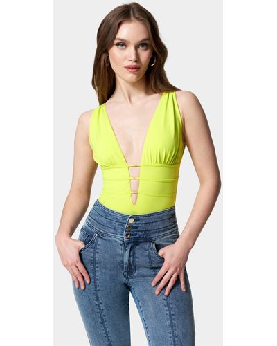 Bebe Sleeveless Ruched Deep V Knit Bodysuit - Green