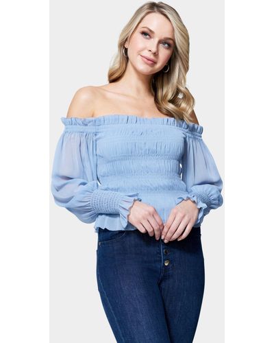 Bebe Long Sleeve Smocked Off Shoulder Top - Blue