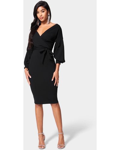 10853 Black Puff Sleeve Pencil Dress
