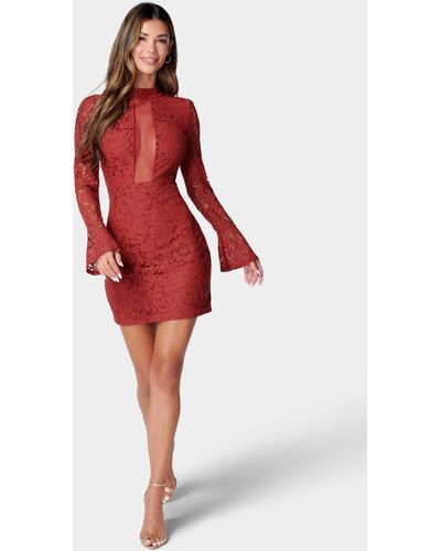 Bebe Bell Sleeve Open Back Lace Dress - Red