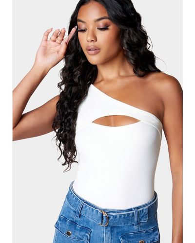 Bebe Cutout Asymmetric One Shoulder Bodysuit - White