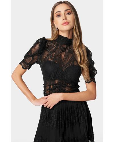 Bebe Puff Sleeve Ruched Waist Lace Top - Black