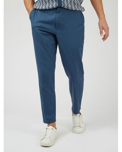 Ben Sherman Slim Cotton Linen Taper Trousers - Blue
