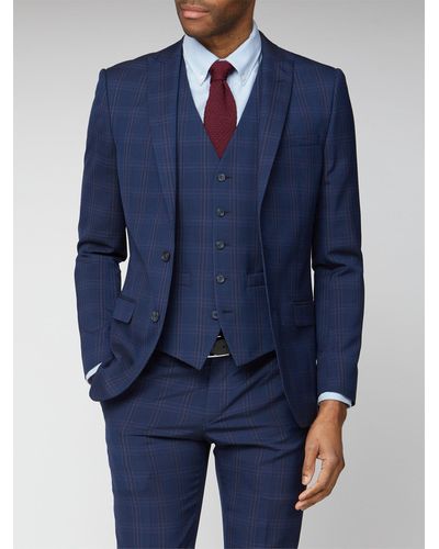 Ben Sherman Navy Pink Bold Check Slim Fit Suit - Blue