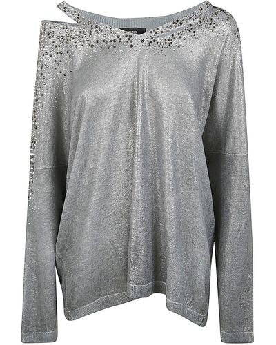Avant Toi Linen Cotton V-neck Pullover With Lamination And Strass - Grey