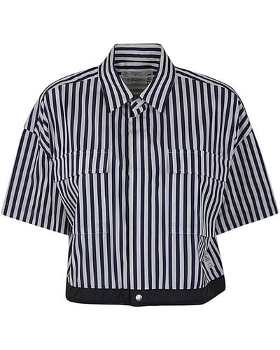 Sacai Short Sleeved Striped Cropped Shirt - Blue