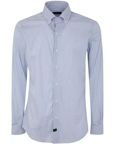 Fay New Button Down Stretch Popeline Striped Shirt - Blue