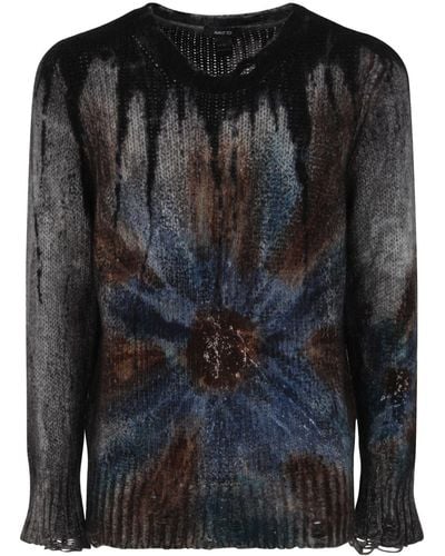 Avant Toi Liquid Art Effect Round Neck Pullover With Destroyed Edges - Gray