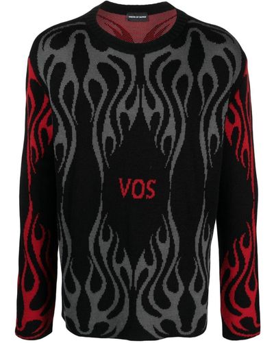 Vision Of Super Black Sweater With Red And Gray Jacquard Logo And Flames