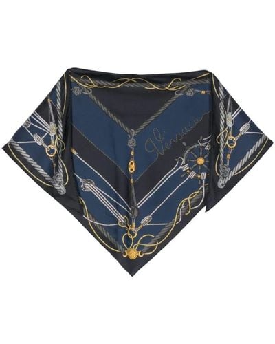 Versace Triangle Foulard 130x60 Side 90 Nautical Print Bio Silk Twill Accessory - Blue