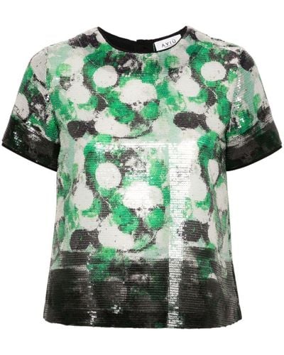 Aviu Short Sleeves Printed Blouson With Paillettes - Green