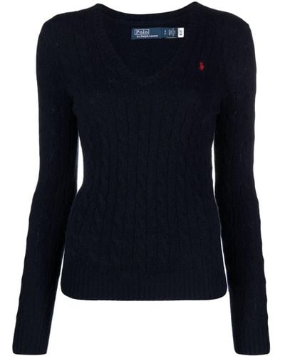 Polo Ralph Lauren V Neck Sweater With Braids - Blue