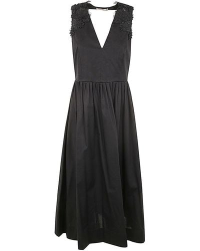 Twin Set V-neck Dress With Embroidered Flowers - Black