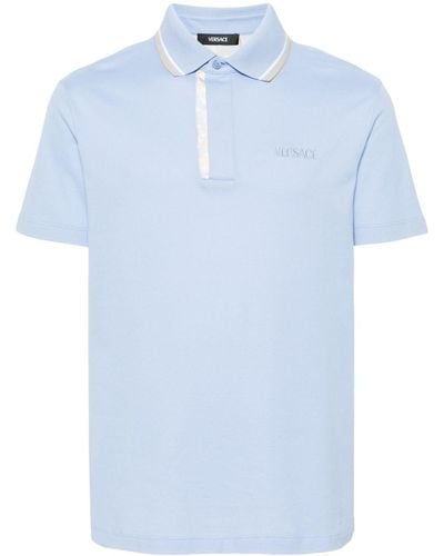 Versace Polo Piquet Fabric With Printed Silk Inserts And Embroidery - Blue