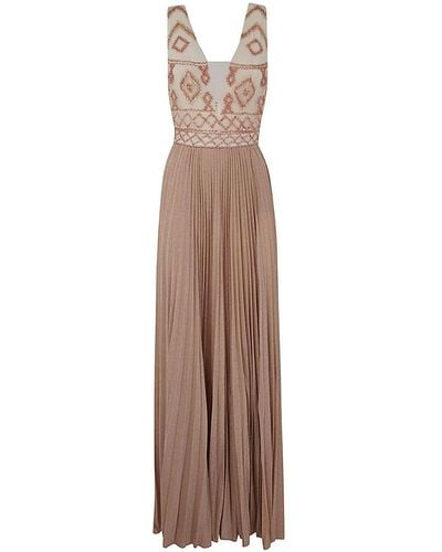 Elisabetta Franchi Long Pleated Sequined Dress - Natural