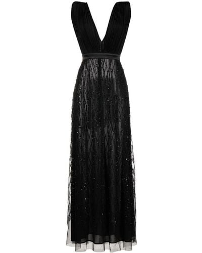 Elisabetta Franchi Bead-embellished Plissé Gown - Black
