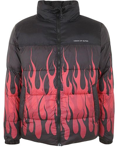 Vision Of Super Black Puffy Jacket With Red Flames