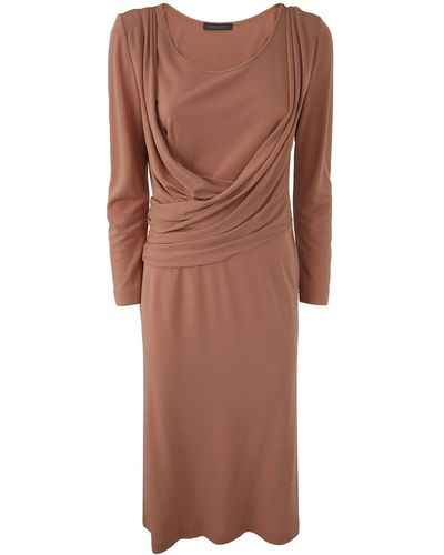 Alberta Ferretti Long Sleeves V Neck Midi Dress Clothing - Brown
