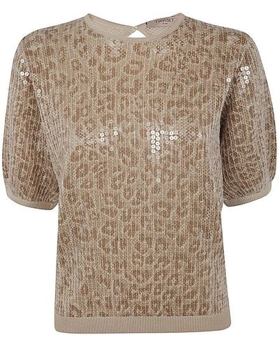 Twin Set Short Sleeve Sequined Pullover - Brown