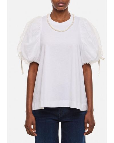 Simone Rocha T-shirt Con Maniche A Sbuffo E Sovrapposizionate In Tulle Con Perline E Fiocco - Bianco