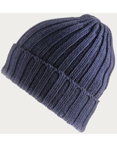 Black Chunky Rib Knit Navy Cashmere Beanie - Blue
