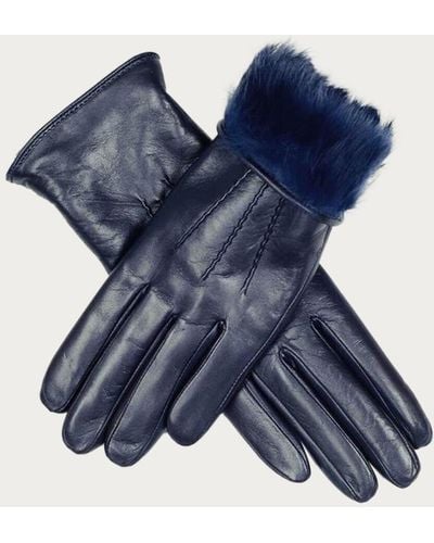 Black Ladies Navy Blue Rabbit Fur Lined Leather Gloves