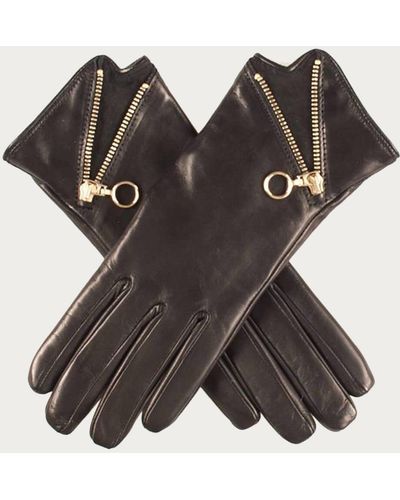 Black Ladies Rabbit Fur Lined Gloves With Zip - Black