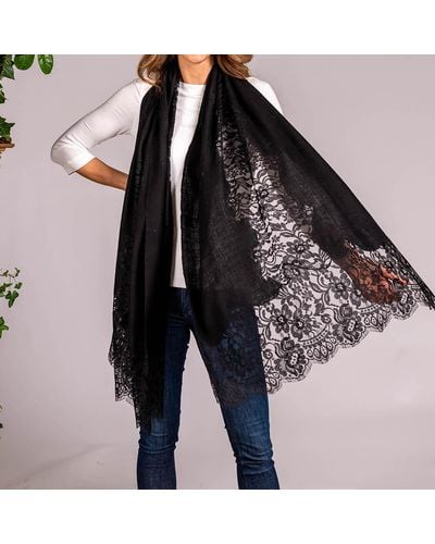 Black Cashmere And Chantilly Lace Shawl - Black