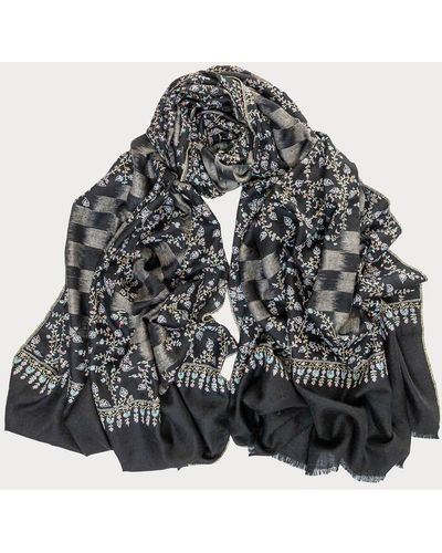 Black Hand Embroidered Pashmina Cashmere Shawl - Ikat - Black