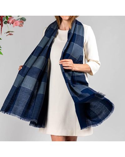 Black French Blue And Navy Check Cashmere Shawl