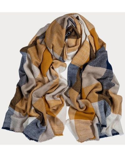 Black Navy And Ochre Check Pashmina Cashmere Shawl - Brown
