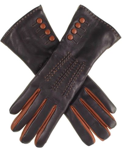 Black And Tan Leather Gloves With Button Detail - Cashmere Lined - Black