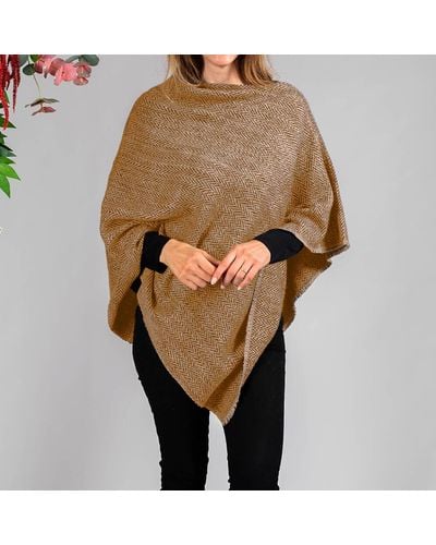 Black Hand Woven Burnt Orange & Natural Chunky Cashmere Poncho - Brown