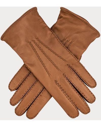Black Ladies Camel Hand Stitched Cashmere Lined Leather Gloves - Brown