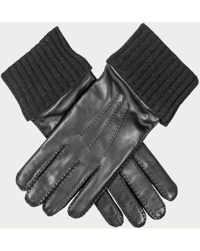 Black Men's Italian Leather Gloves With Cashmere Cuff - Multicolour