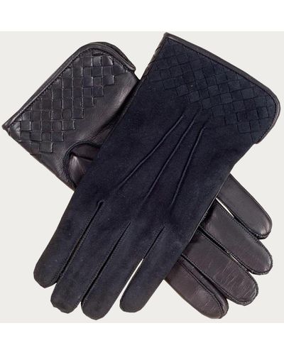 Black Men's Suede And Leather Woven Gloves - Cashmere Lined - Multicolour
