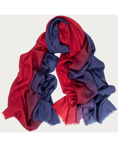 Black Classic Navy To Burgundy Fine Wool And Silk Scarf - Red