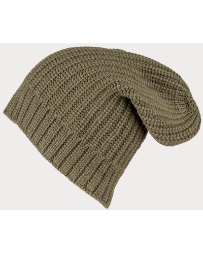 Black Ribbed Olive Green Cashmere Slouch Beanie Hat