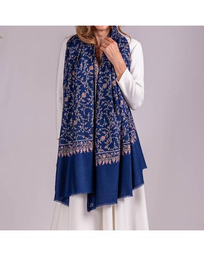 Black Hand Embroidered Pashmina Cashmere Shawl - Navy Floral - Blue