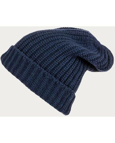 Black Ribbed Navy Cashmere Slouch Beanie Hat - Blue