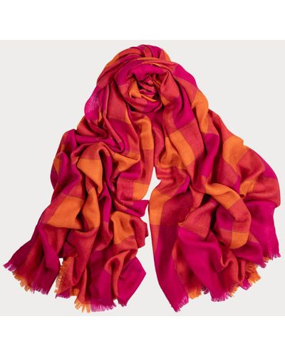 Black Hot Pink And Orange Hand Woven Check Cashmere Ring Shawl - Red