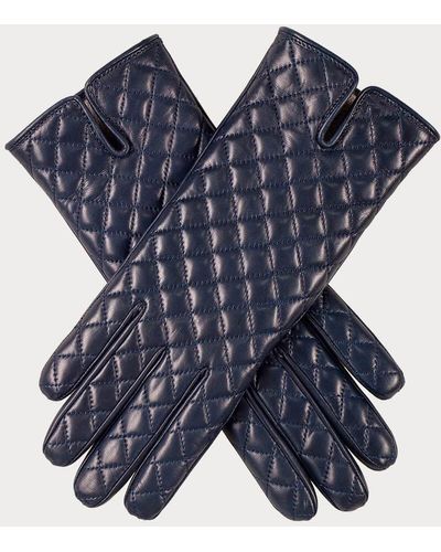 Black Navy Blue Quilted Cashmere Lined Leather Gloves