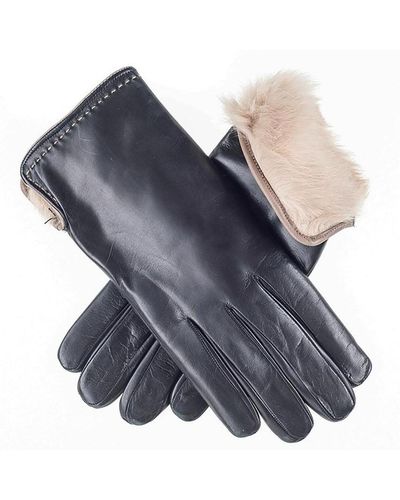 Black And Cream Rabbit Fur Lined Leather Gloves - Blue