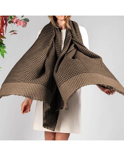 Black And Natural Houndstooth Pashmina Cashmere Shawl - Multicolour