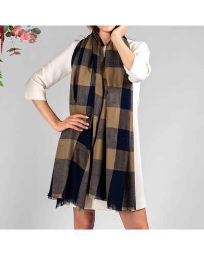 Black Navy And Biscuit Check Cashmere Shawl - Blue
